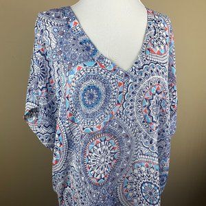 Cover 2 Cover Swim Cover Up Dress Size S Blue Orange Medallion Designs, V-neck